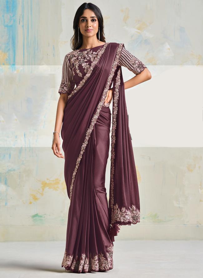 Sattin Silk Crepe Wine Wedding Wear Embroidery Work Ready To Wear Saree